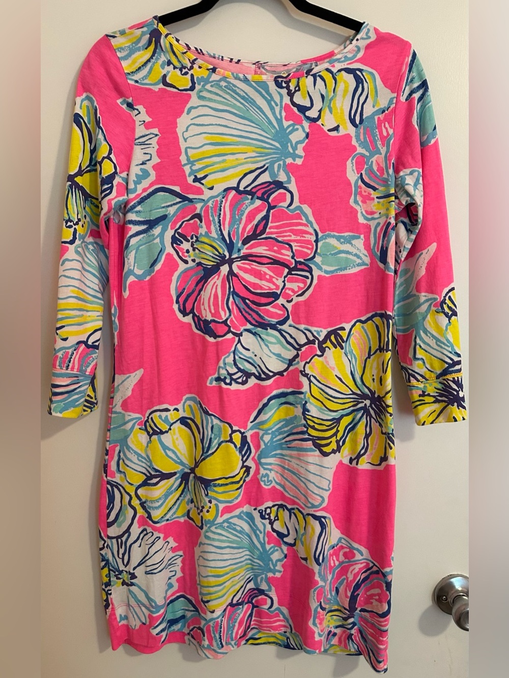 Lilly Pulitzer Dress Womens Medium Pink Floral Pima Cotton Shift 3/4 Sleeve